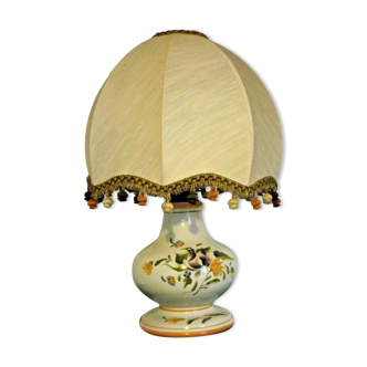 Ancienne lampe de table en céramique vieux rodez, base florale, abat-jour en tissu 3198