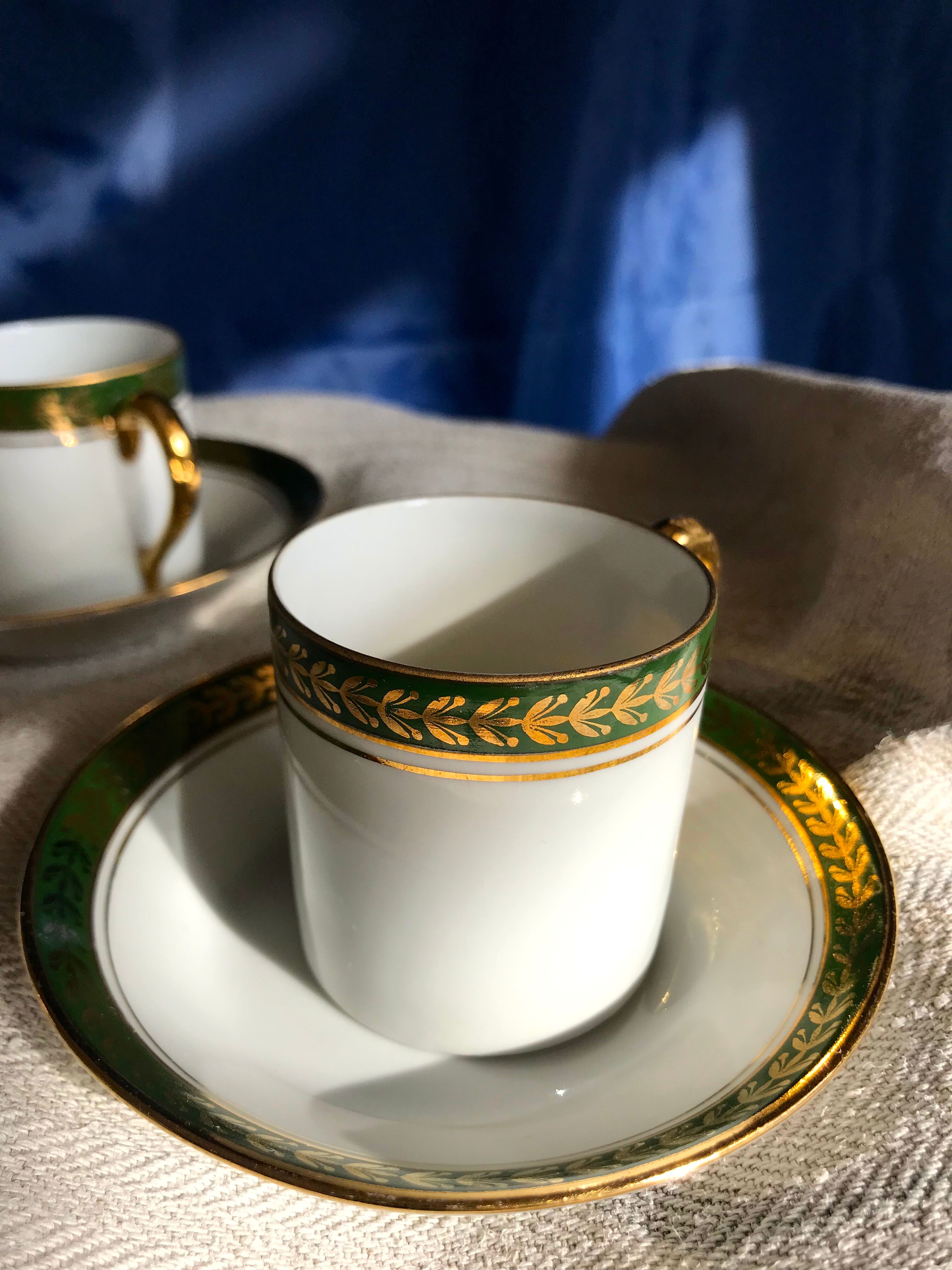Vintage mocha set 5 coffee cups Napoleon porcelain white frieze green gold by hand