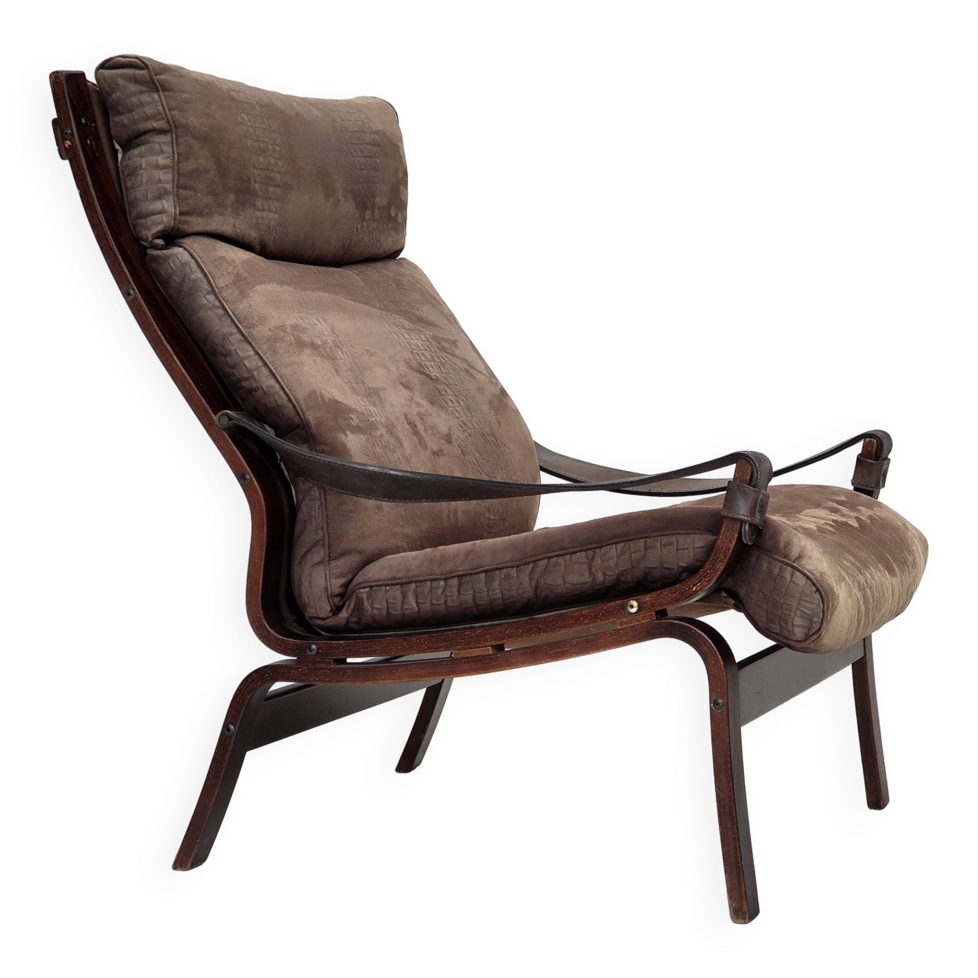 1970s, Scandinavian lounge chair, nubuck leather, canvas, beech wood.