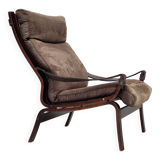 1970s, Scandinavian lounge chair, nubuck leather, canvas, beech wood.