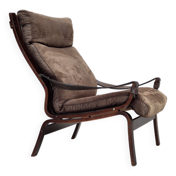 1970s, Scandinavian lounge chair, nubuck leather, canvas, beech wood.
