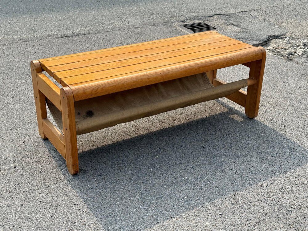 Scandinavian pine bench with canvas storage, 1970s