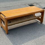 Scandinavian pine bench with canvas storage, 1970s