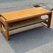 Scandinavian pine bench with canvas storage, 1970s