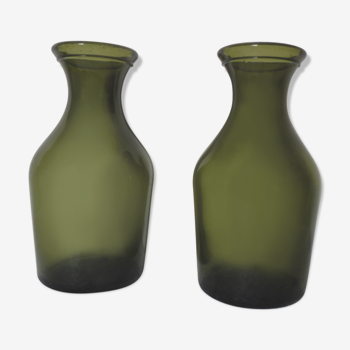 Set of 2 glass vases green bottle