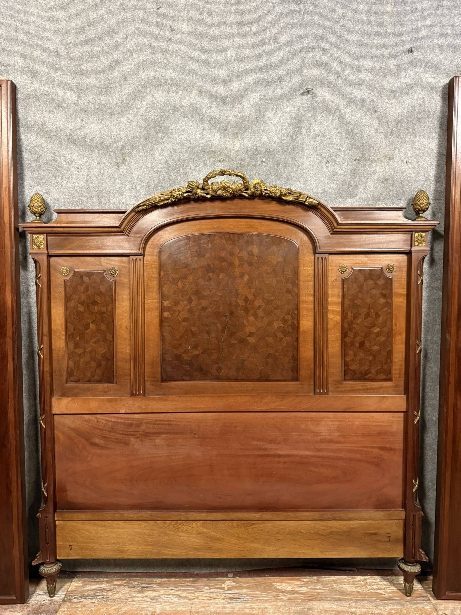 Louis XVI style Parisian center bed in marquetry and gilded bronze