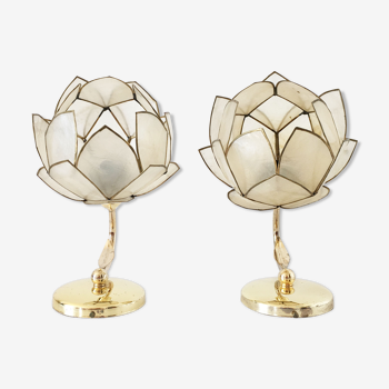 C/Pair of mother-of-pearl flower and brass sconces