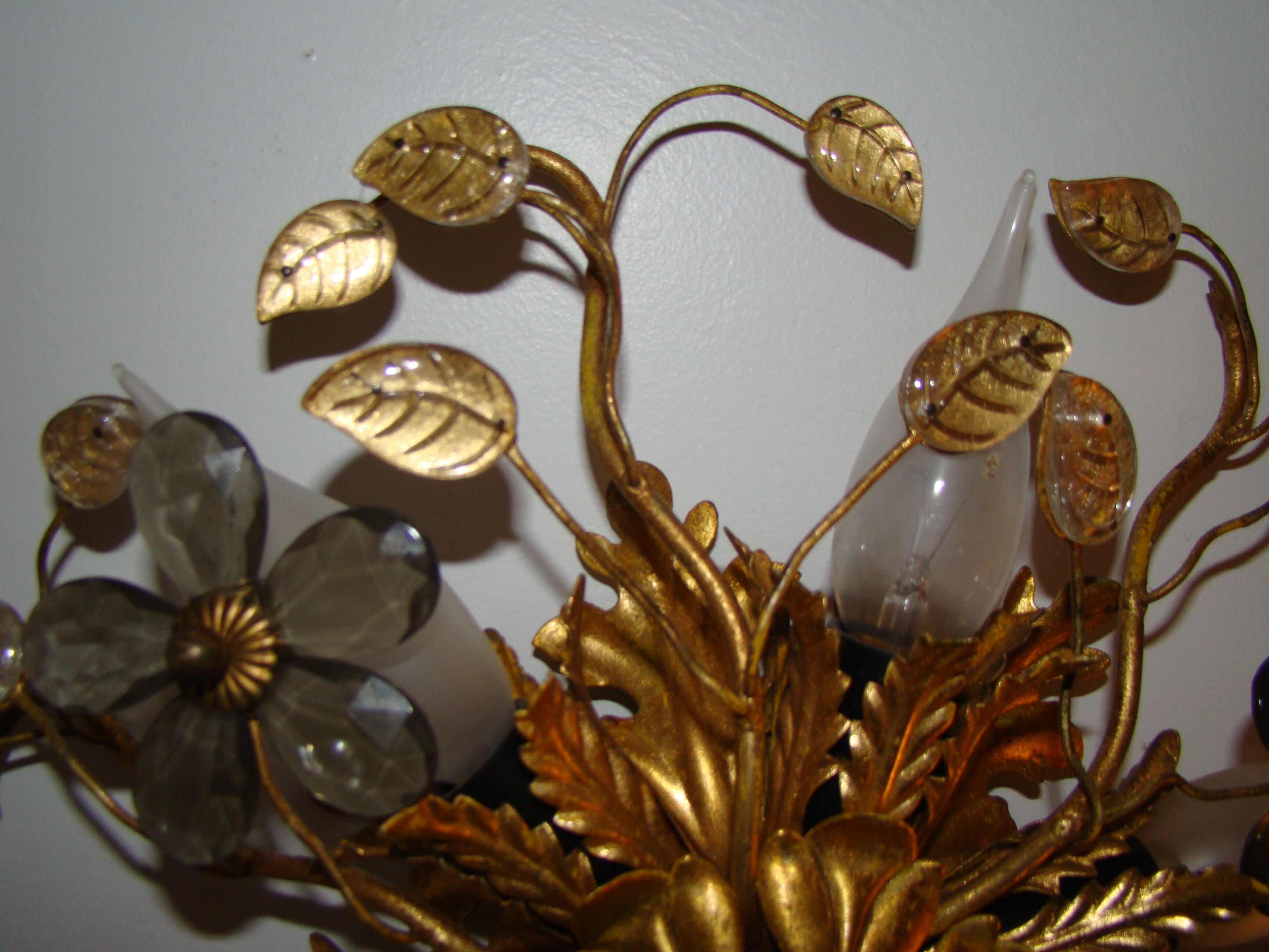 Vintage wall lamp or ceiling lamp in golden metal, glass flowers