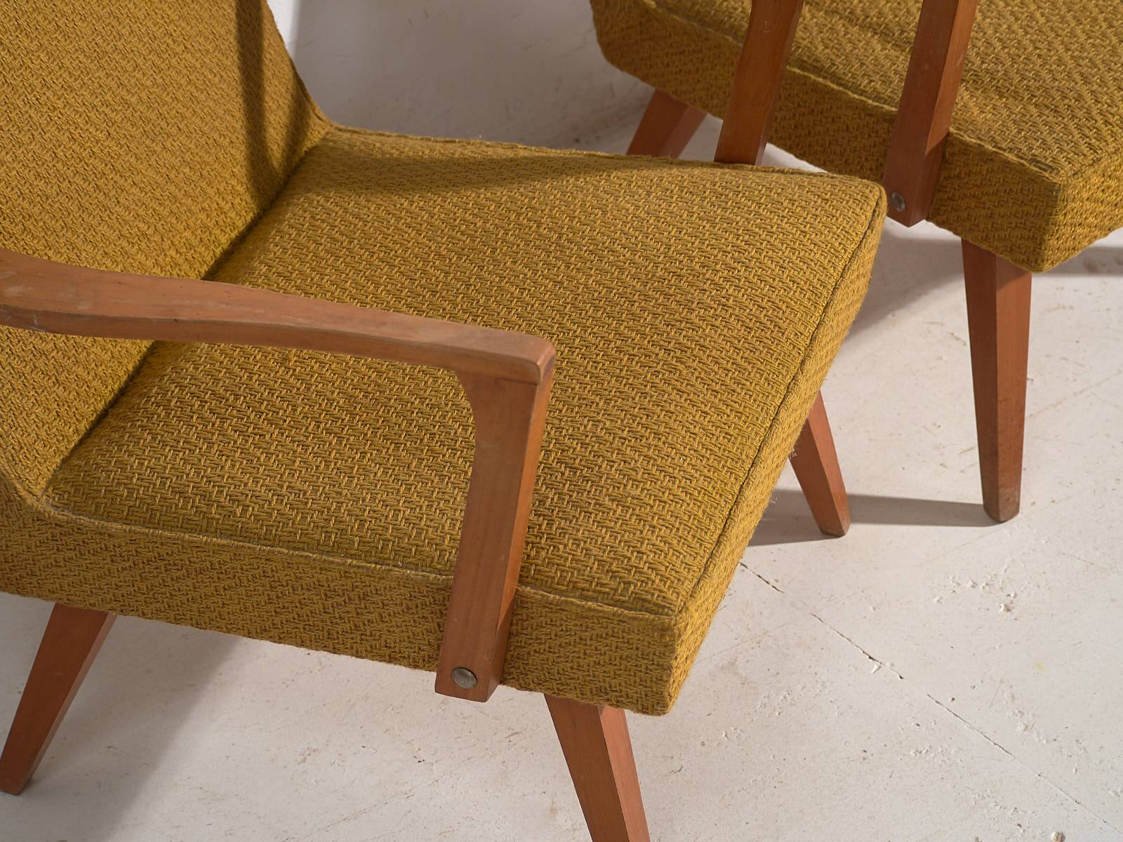 2 armchairs in wood and ochre fabric, 1950