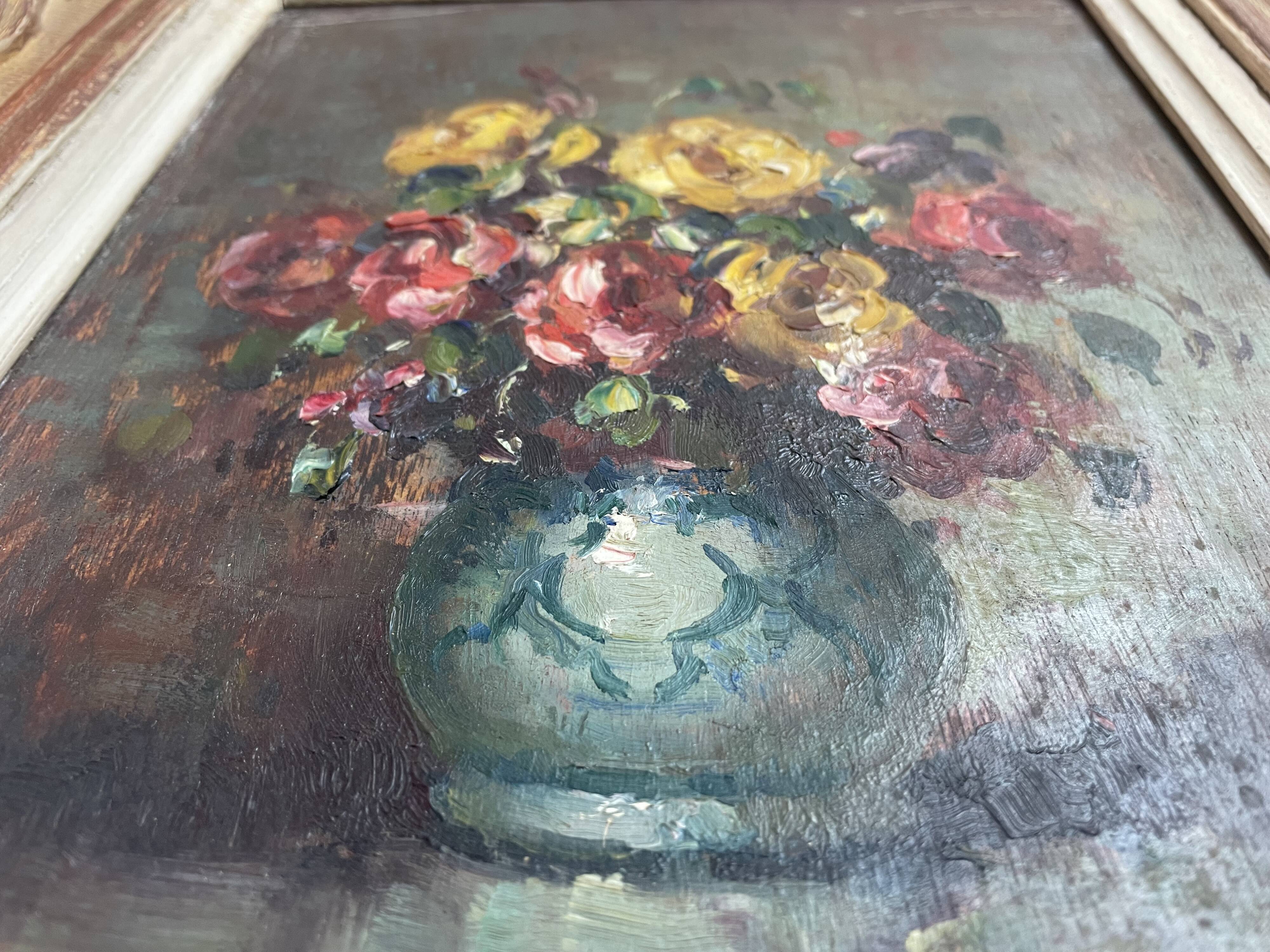 Pair, oil painting, 19th century, still life with bouquet of flowers, wooden frames, signed