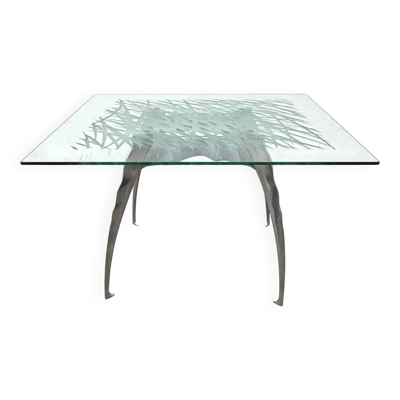Table à manger de Bernard Dequet pour Protis France Design en fonte aluminium et cuir, France 1980