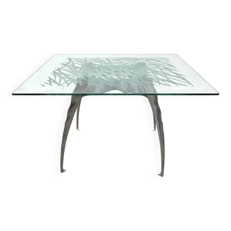 Dining table by Bernard Dequet for Protis France Design in cast aluminum and leather, France 1980