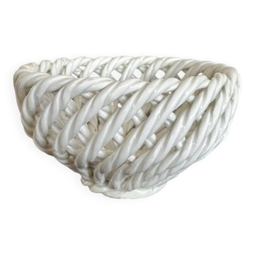 Small vintage white woven ceramic basket