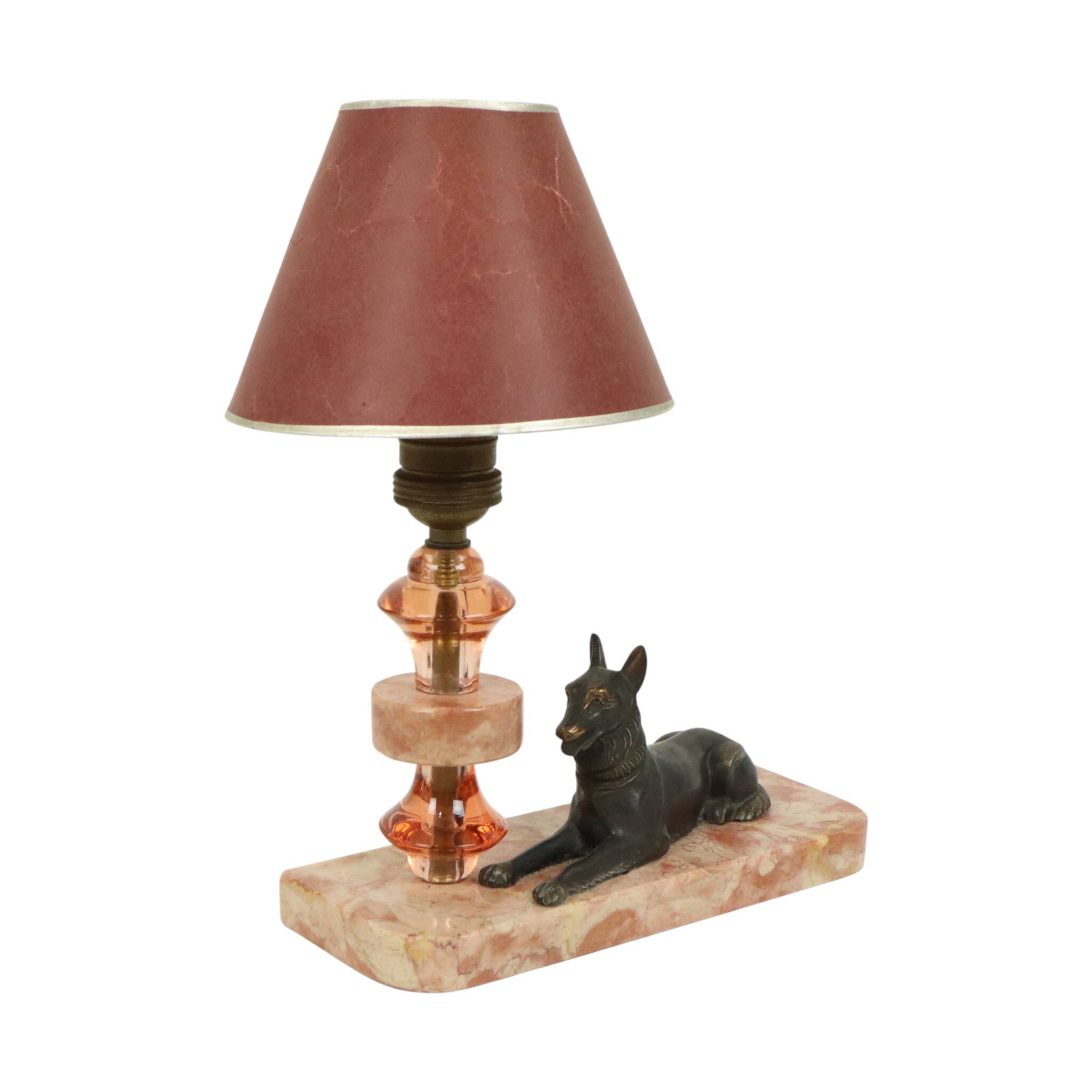 French Art Deco Table Lamp Pink Marble Glass Shepherd Dog