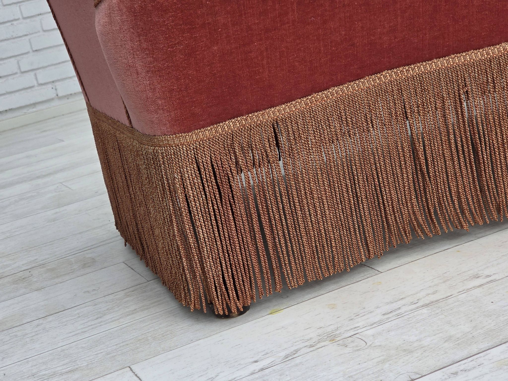 1950s, Danish 2-seater sofa, salmon pink furniture velour, ash wood.