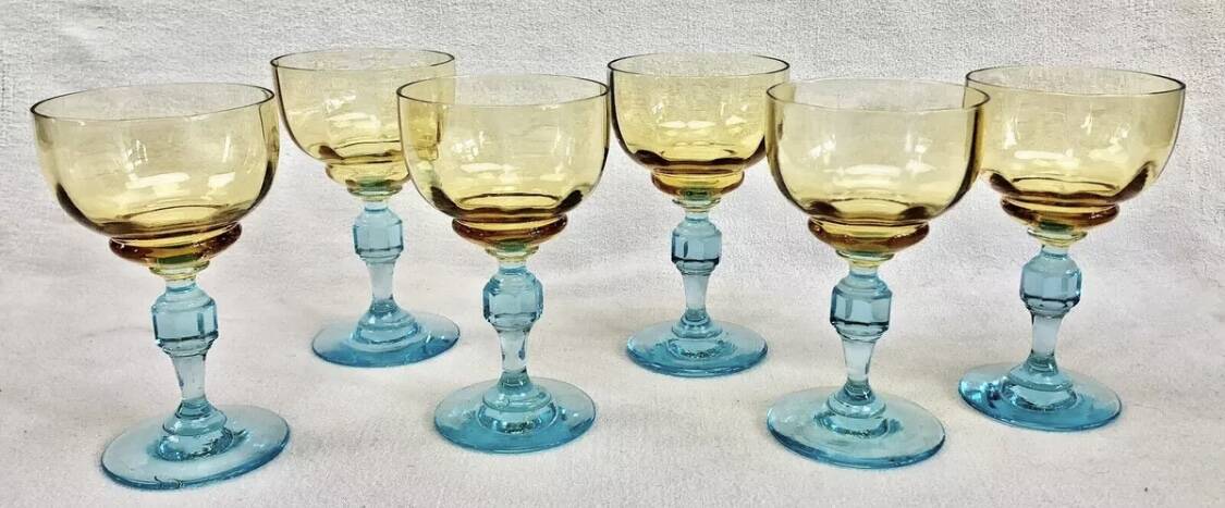 6 anciens verres à vin eau bicolores George Sand