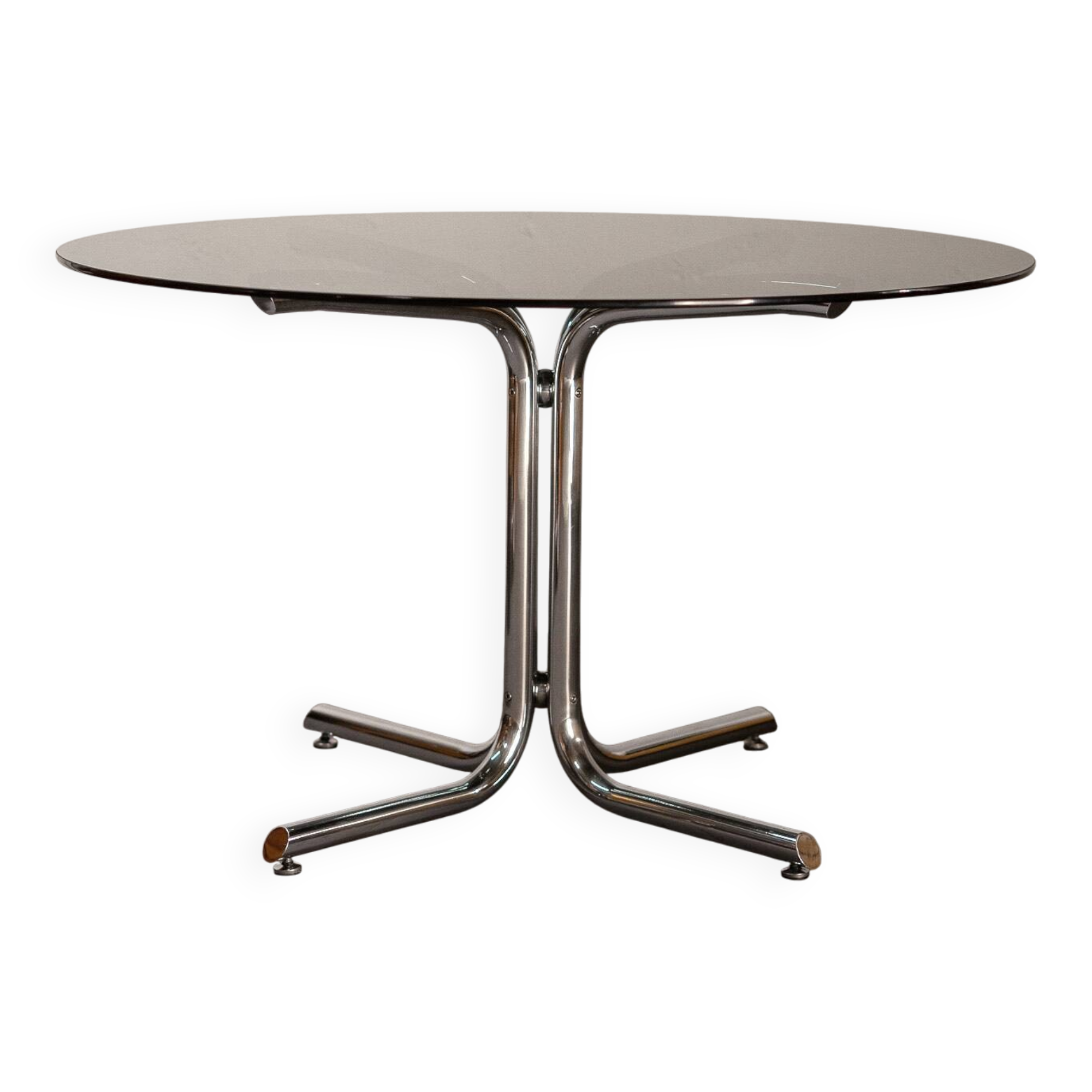 Round dining table in smoked glass and chrome-plated steel, Italy, 1970