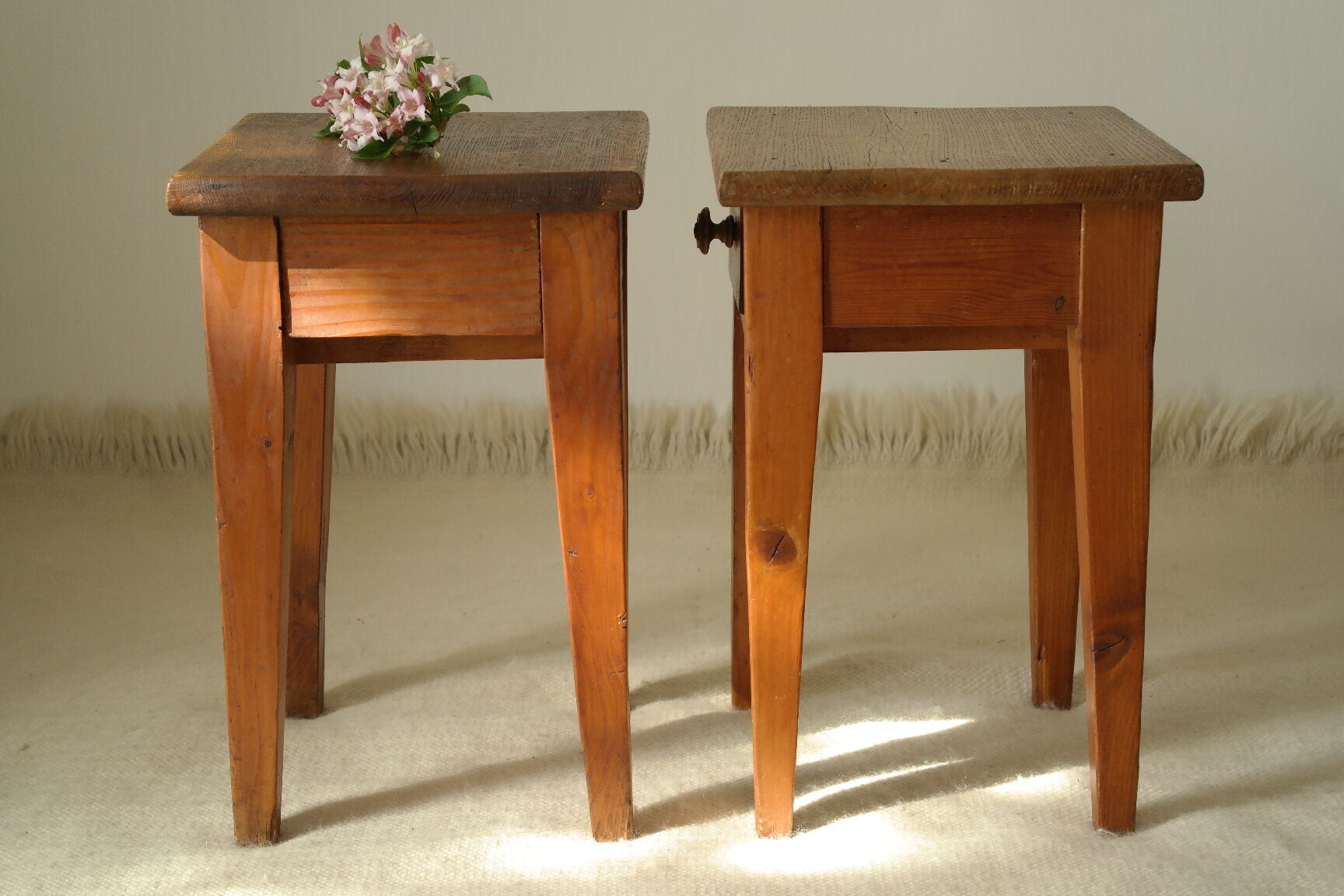 Pair of vintage country bedside tables oak and fir