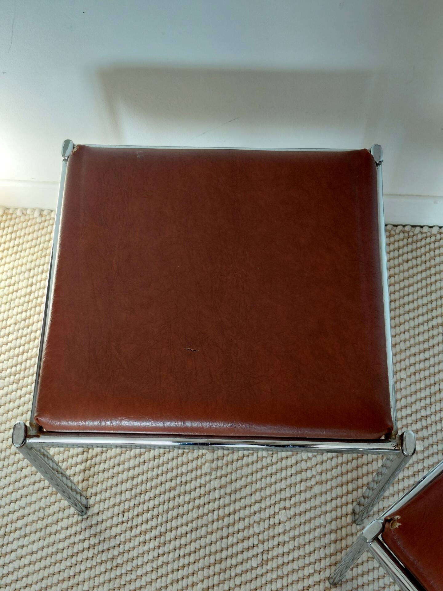 Pair of vintage stackable stools in faux leather and chrome - 70s