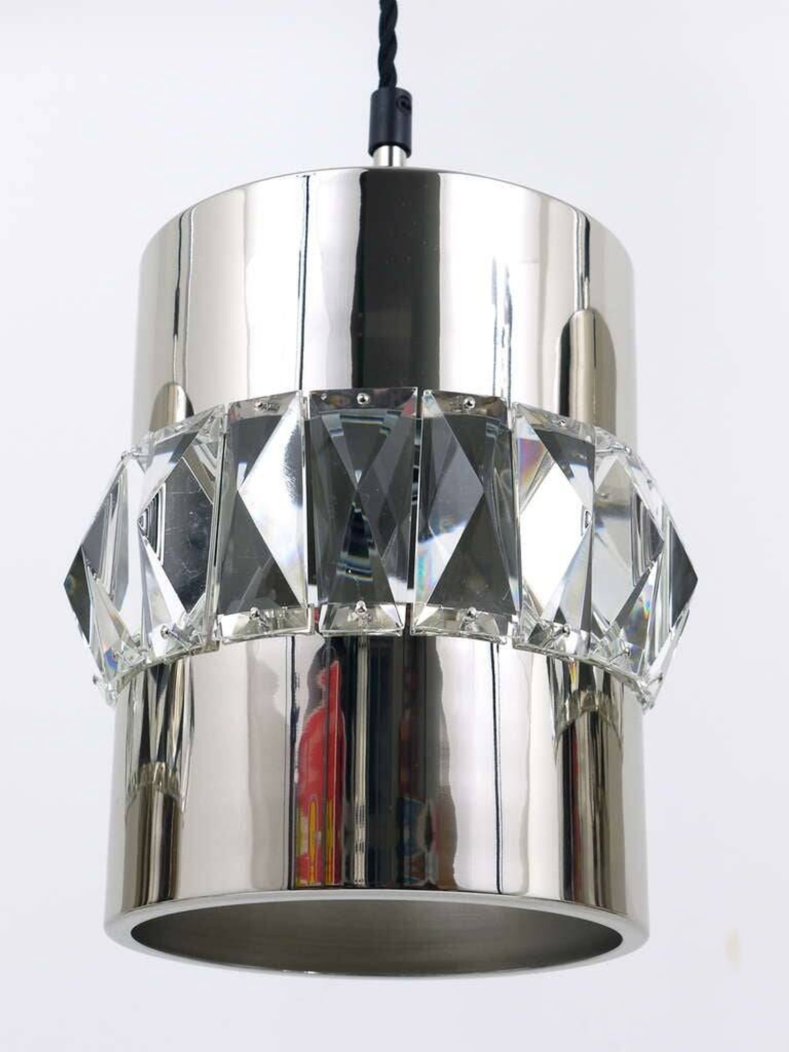 Three Bakalowits pendant lamps in nickel, brass, and faceted crystal, Austria, 1950s.