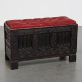 Antique English Bench/Chest with Red Tufted Seat