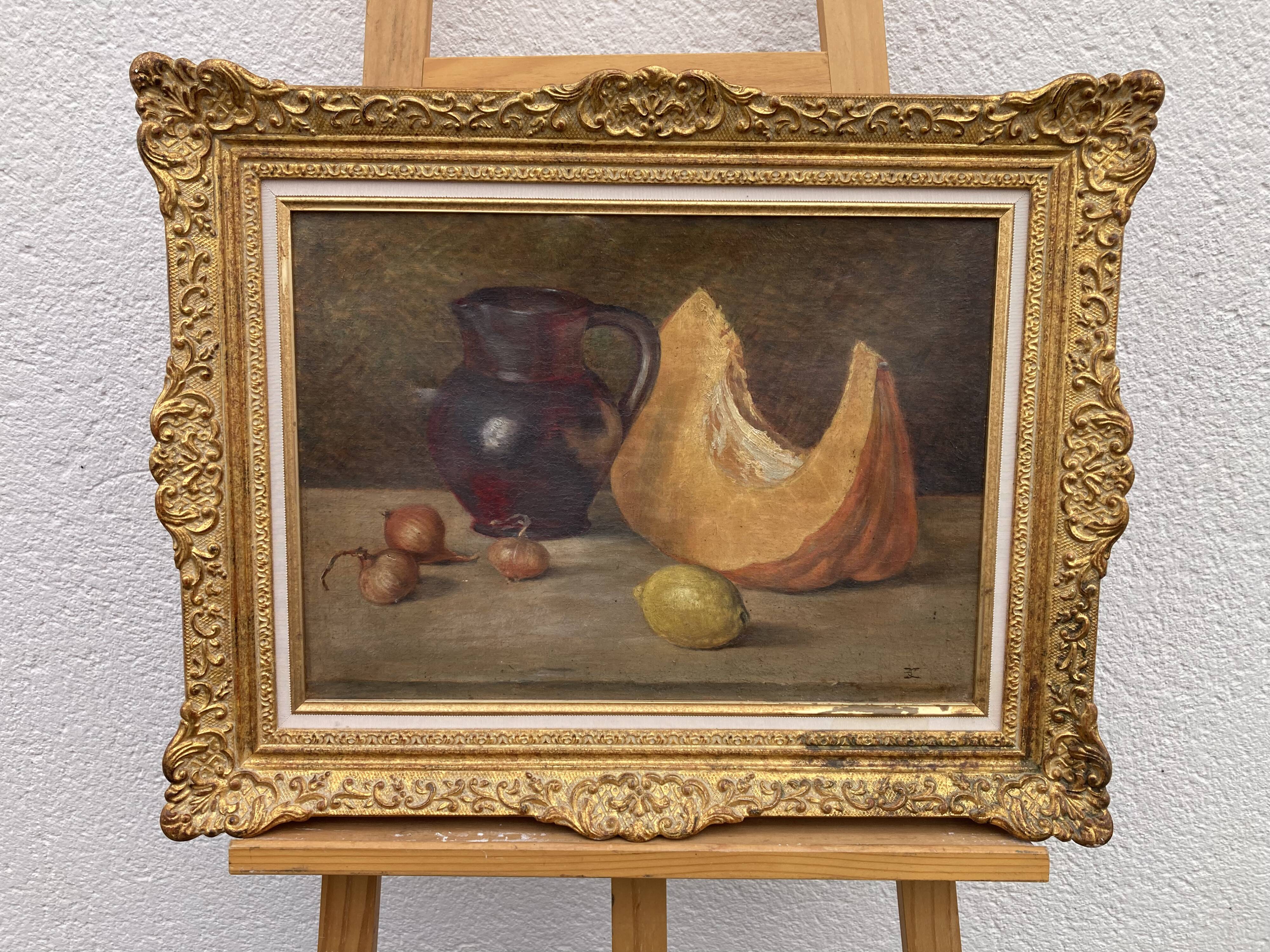 French School, Still Life with Gourd and Jug, Oil on Canvas Frame