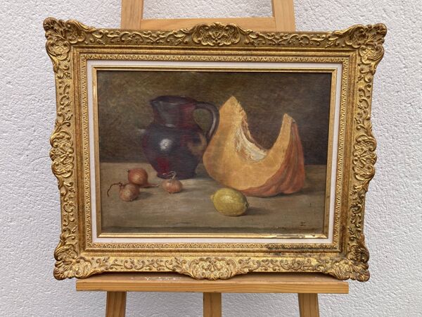 École Française, Nature morte à la Courge et au broc, Huile sur toile encad