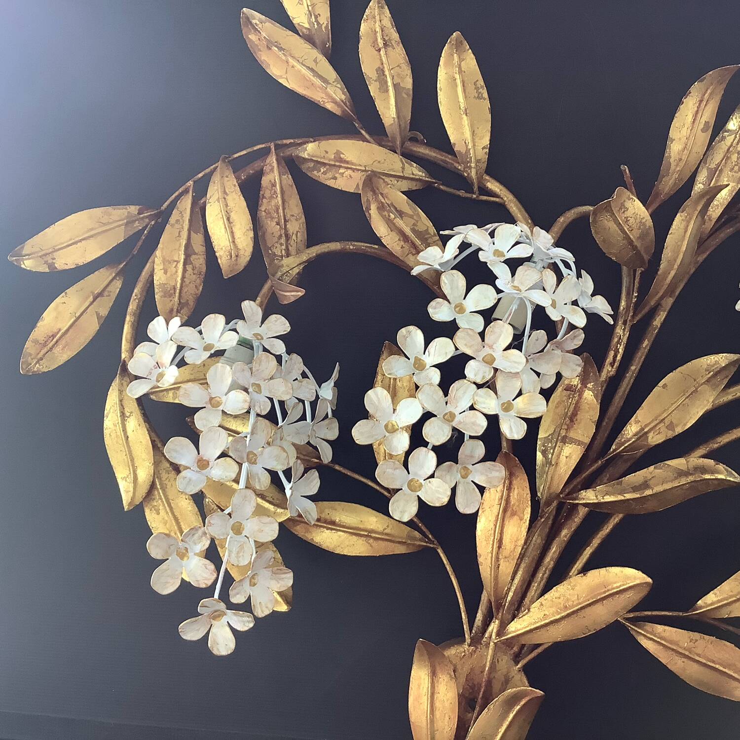 Hans Kogl 2 Vintage Wisteria Floral Wall Sconces with Gold Leaf Finish, 4 Lights