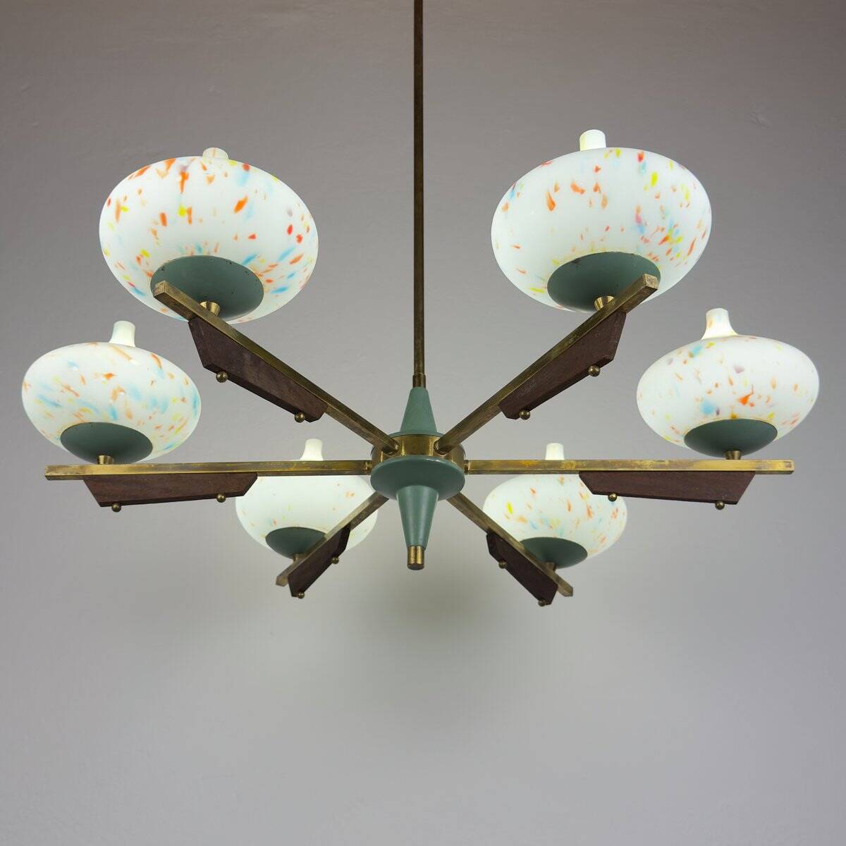 Mid-century chandelier with teak and Murano glass by Stilnovo, Italy, 1950s.