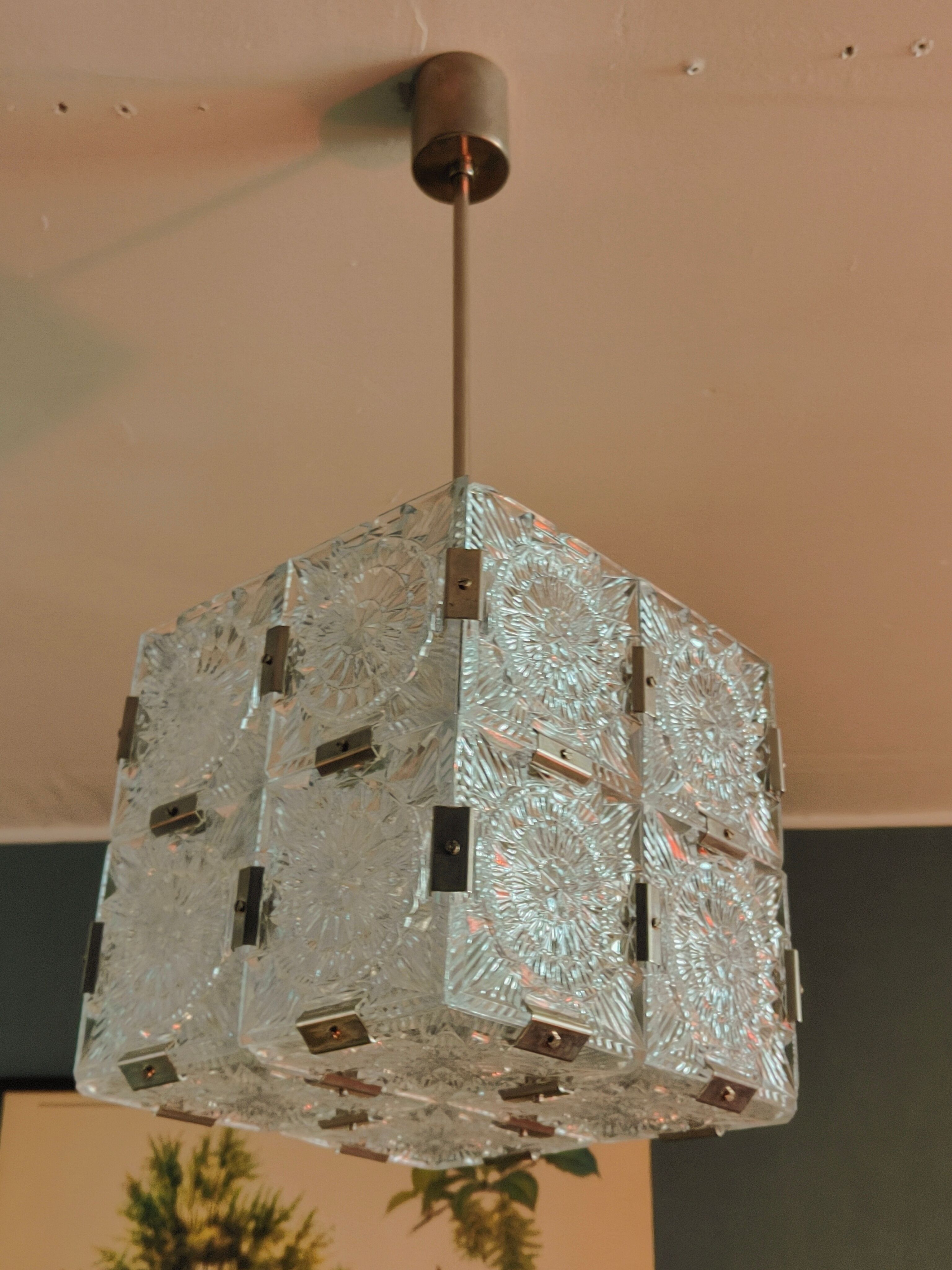 Glass faceted cube chandelier by Jaroslav Bejvl for Kamenicky Senov, year 1968