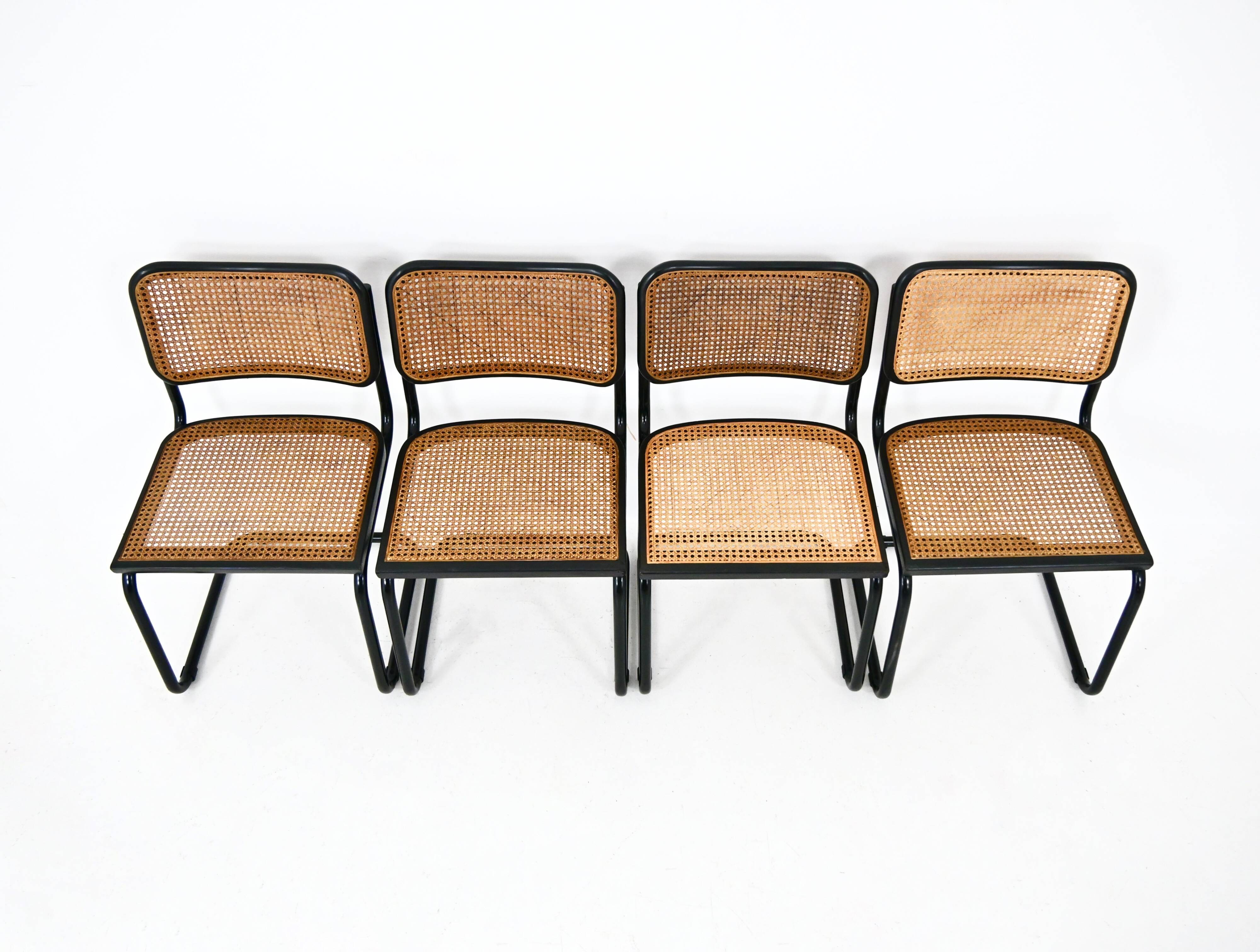Set of 4 black dining chairs, B32 style by Marcel Breuer.
