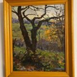 Peinture à l'huile vintage signée Paysage Lac et arbres