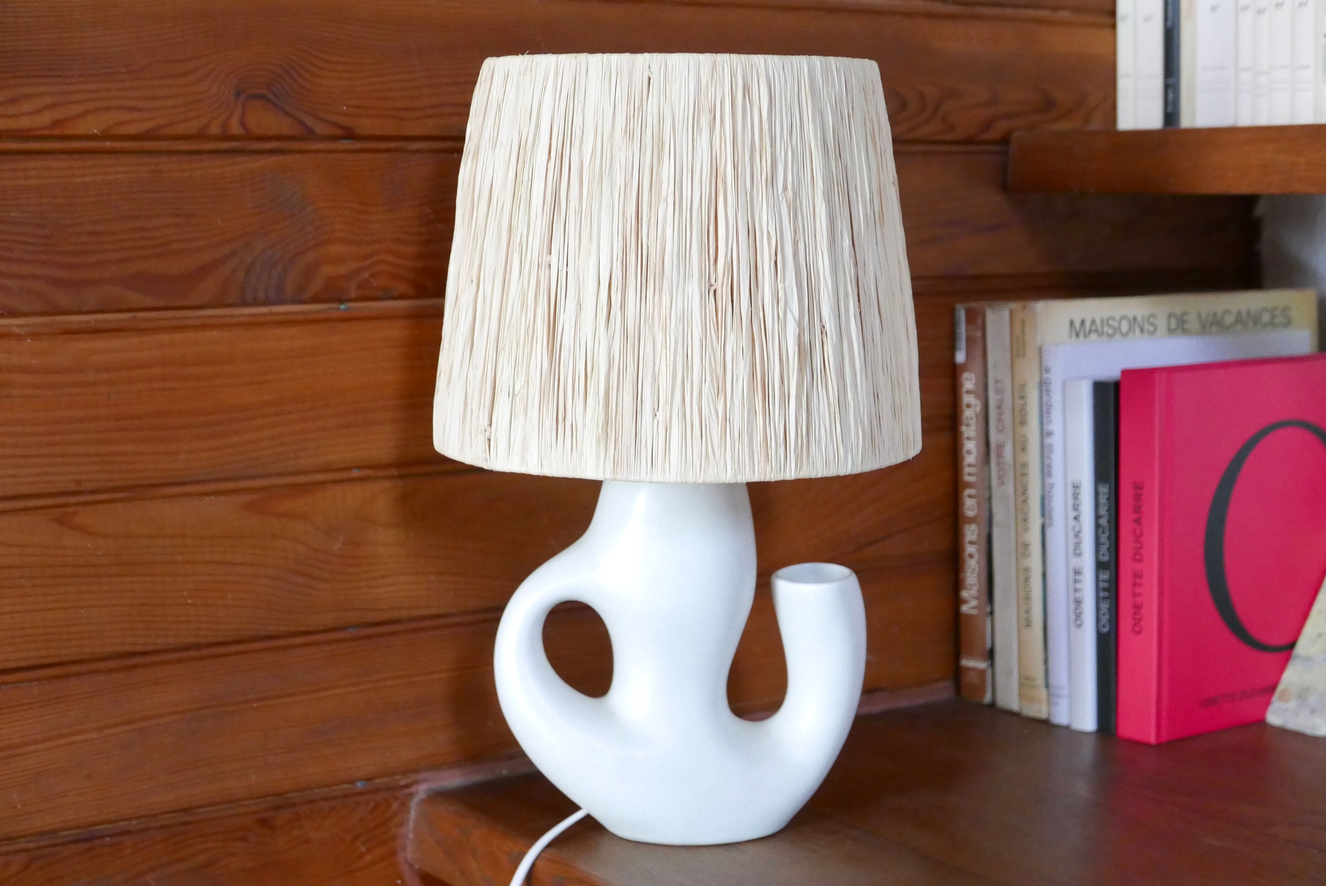 Revernay ceramic white lamp, raffia lampshade, 1950s