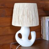 Revernay ceramic white lamp, raffia lampshade, 1950s
