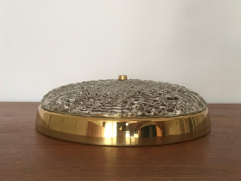 Impressive Mid Century Modern brass and ice glass ceiling lamp