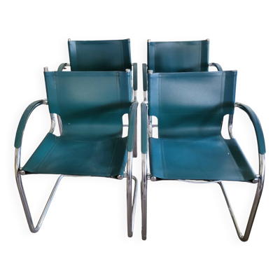 4 fauteuils italiens vintage en cuir vert et métal chromé