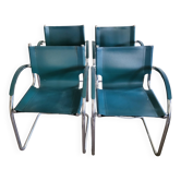 Set of 4 vintage Italian designer armchairs – green leather and chrome metal