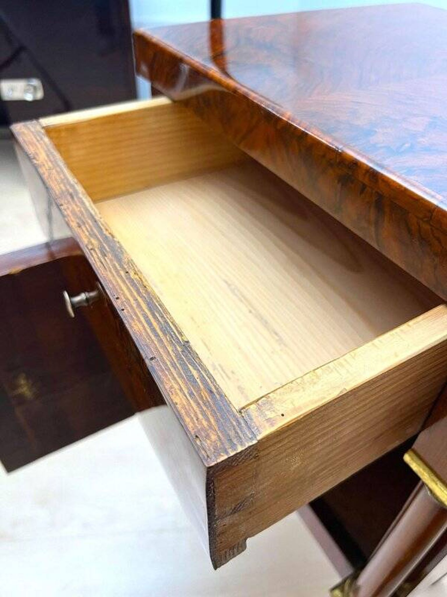 Empire Nightstands in Walnut with Full Columns in Gilt Brass, Italy, 1810, Set of 2