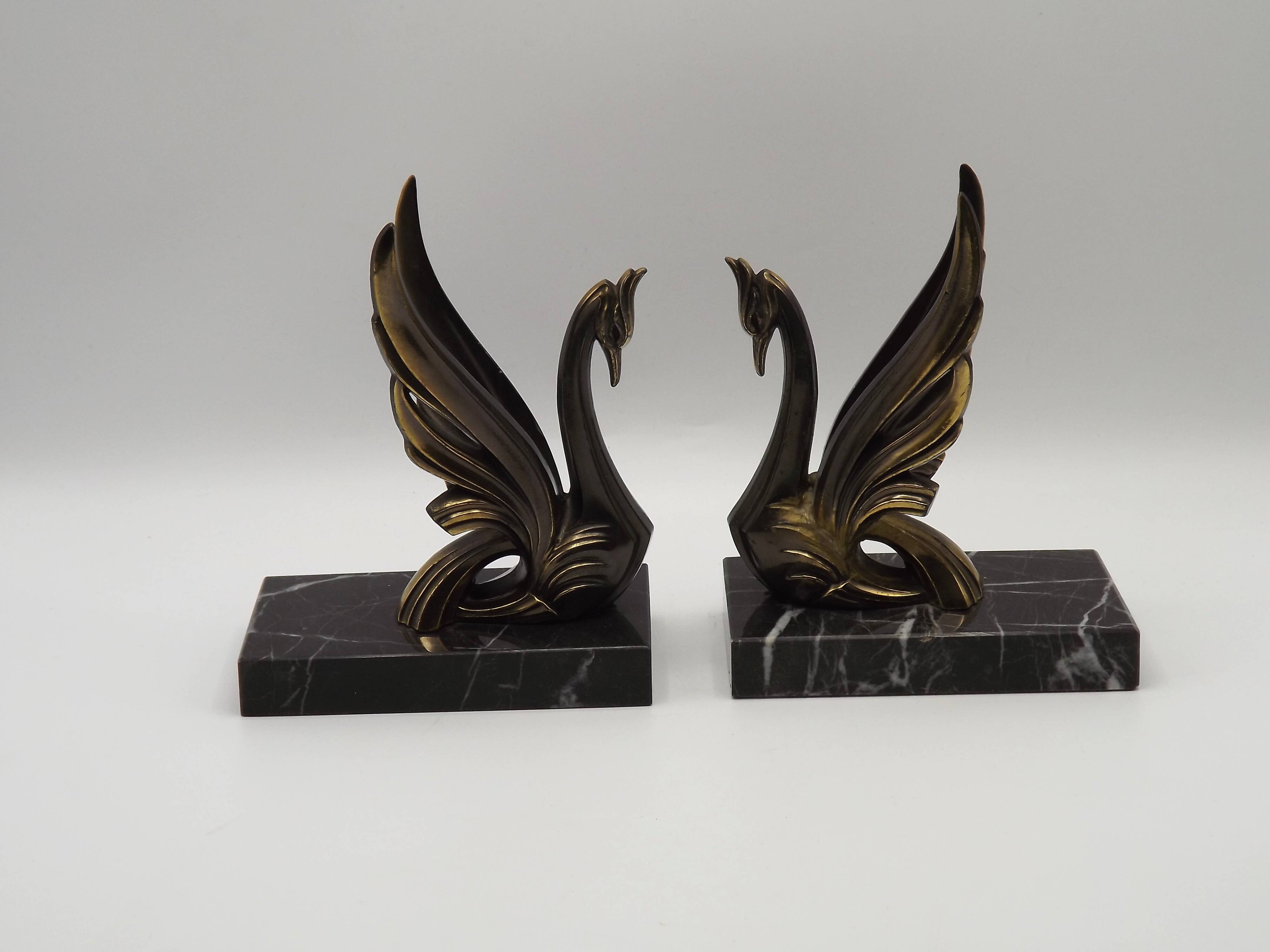 French Art Deco Bronzed Effect Spelter Swan Book Ends Black Marble Base