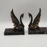 French Art Deco Bronzed Effect Spelter Swan Book Ends Black Marble Base