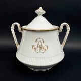 Large 19th century Paris porcelain sugar bowl with ARJ gold monogram