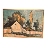 Huile sur panneau d'origine suédoise – « Maison » par M. Olofgoluth – Datée de 1969 – Vintage et encadrée – 71 × 50 cm (28" × 19,7")
