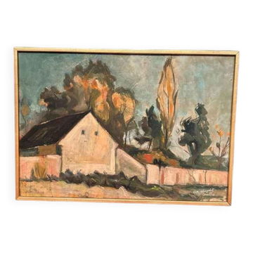 Huile sur panneau d'origine suédoise – « Maison » par M. Olofgoluth – Datée de 1969 – Vintage et encadrée – 71 × 50 cm (28" × 19,7")