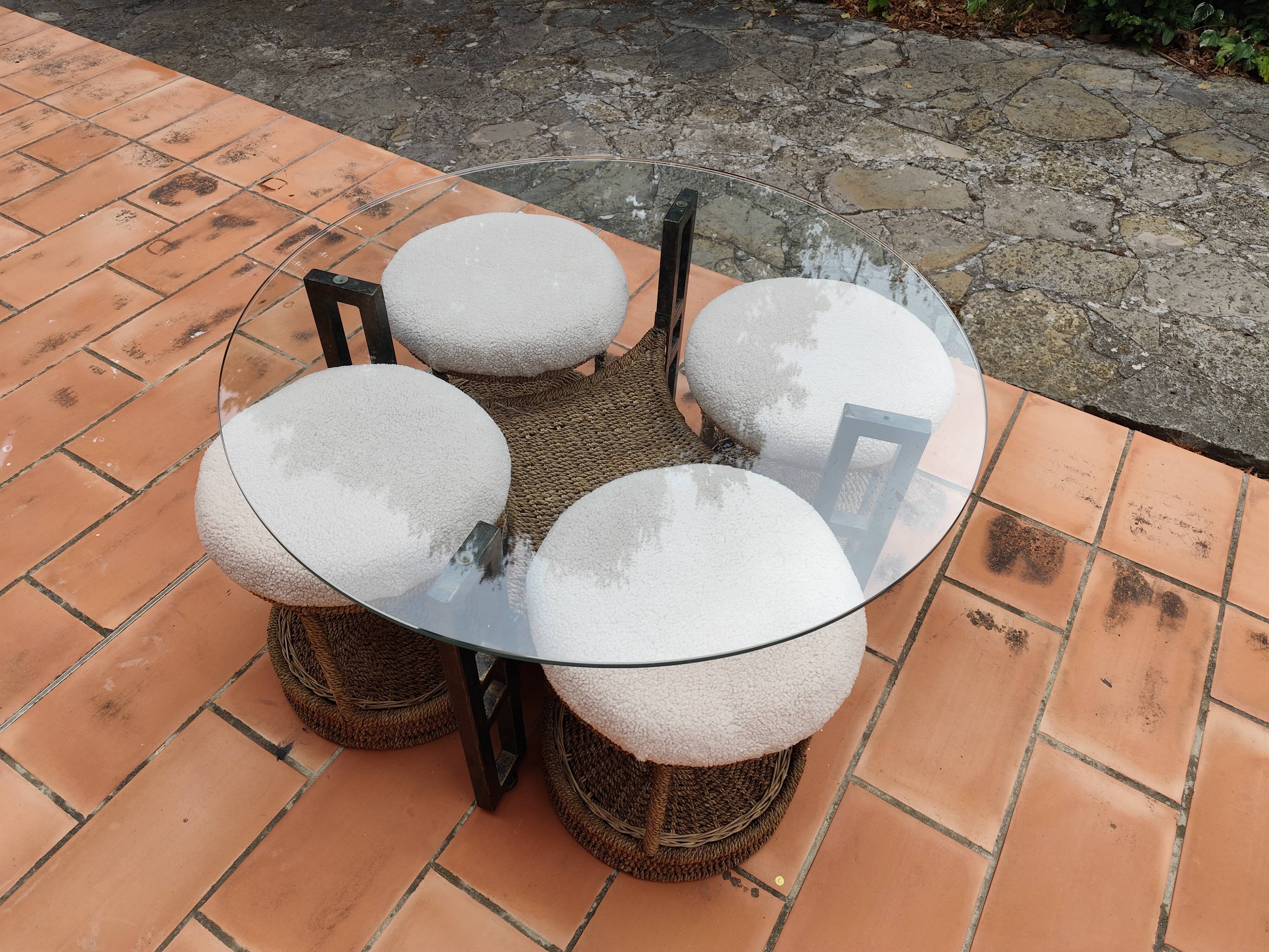 Vintage 1970s rope & rattan coffee table and 4 stools