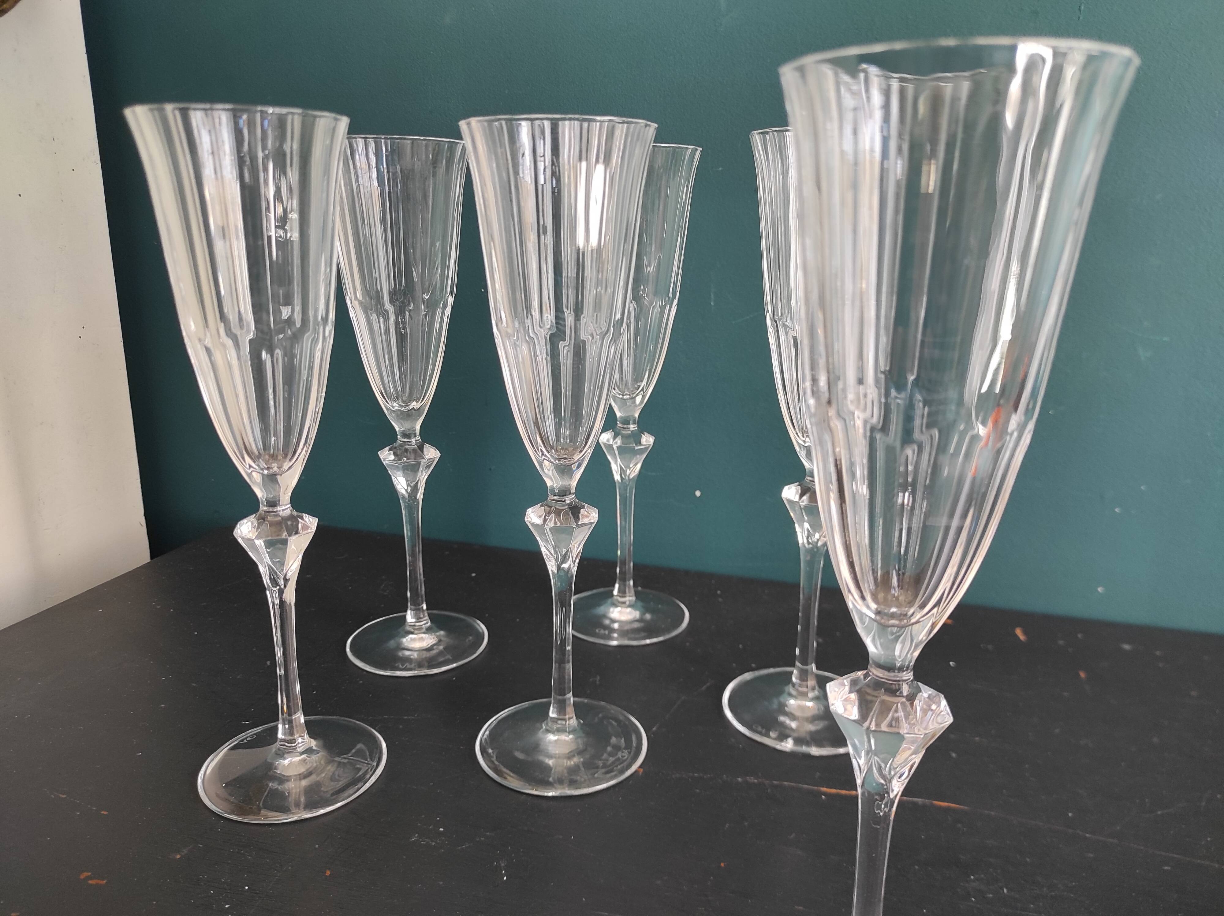 Set of 6 French champagne glasses, Cristal D'Arques, mod. Diamantis