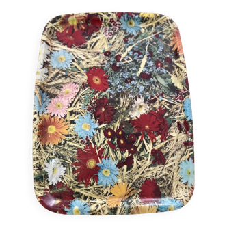 Plateau rectangulaire vintage à fleurs en fibre de verre