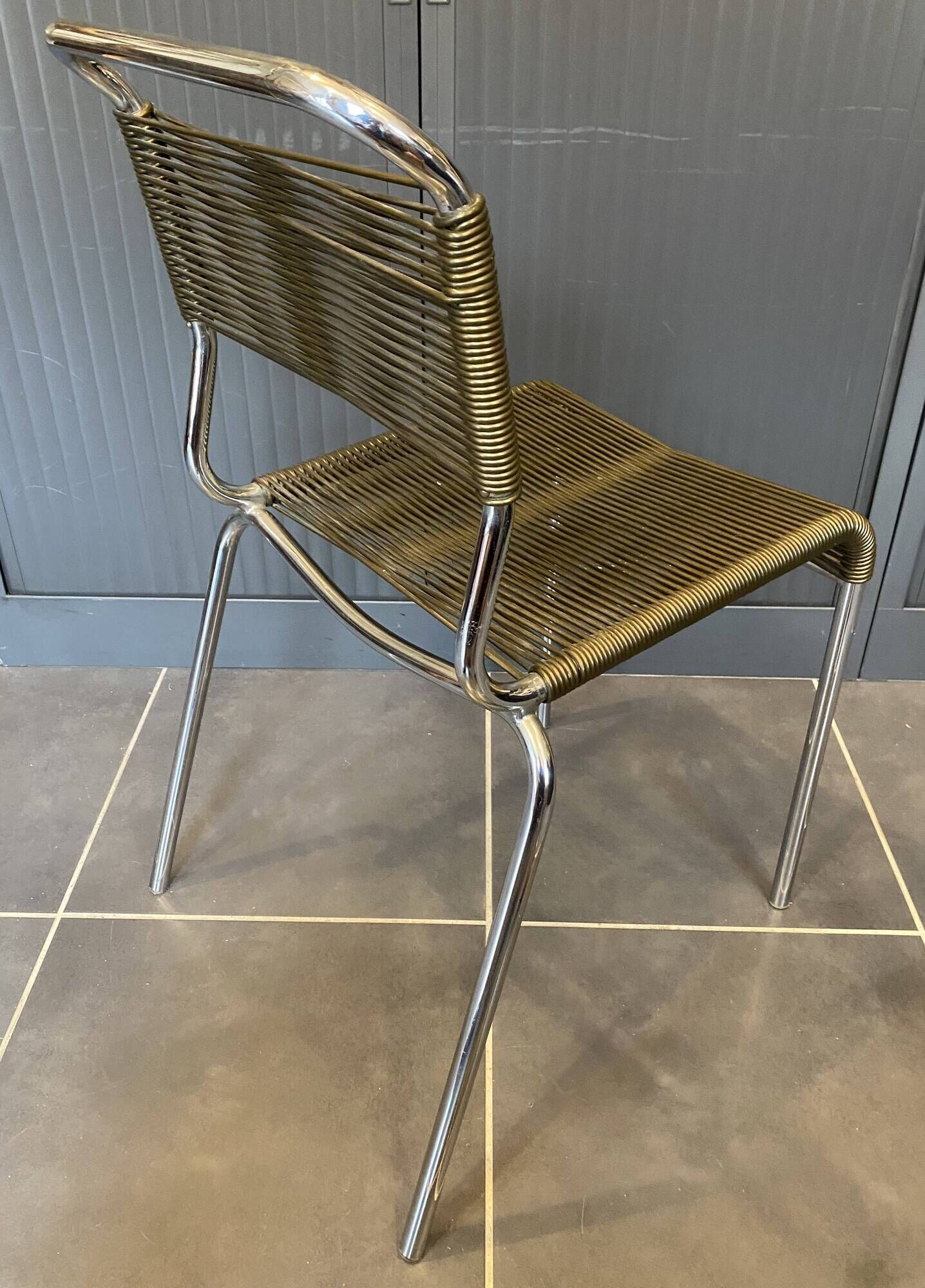 Scoubidou chair or vintage 1960s khaki green chrome spaghetti chair