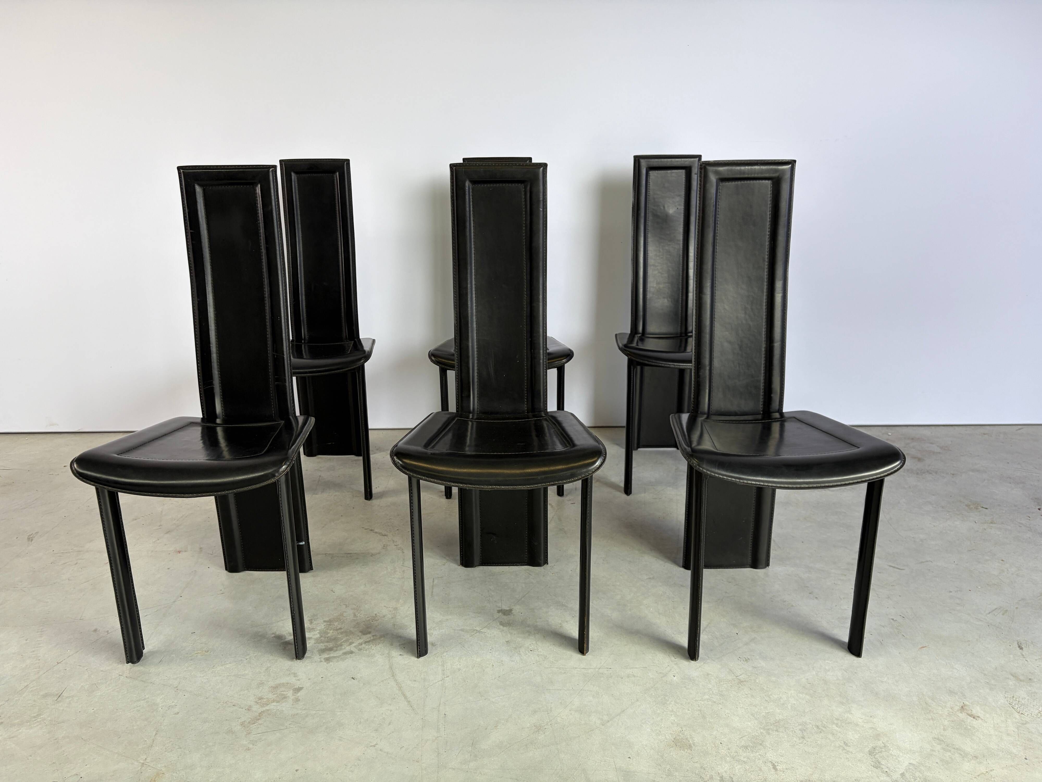 Vintage black leather dining chairs, set of 6, 1980s