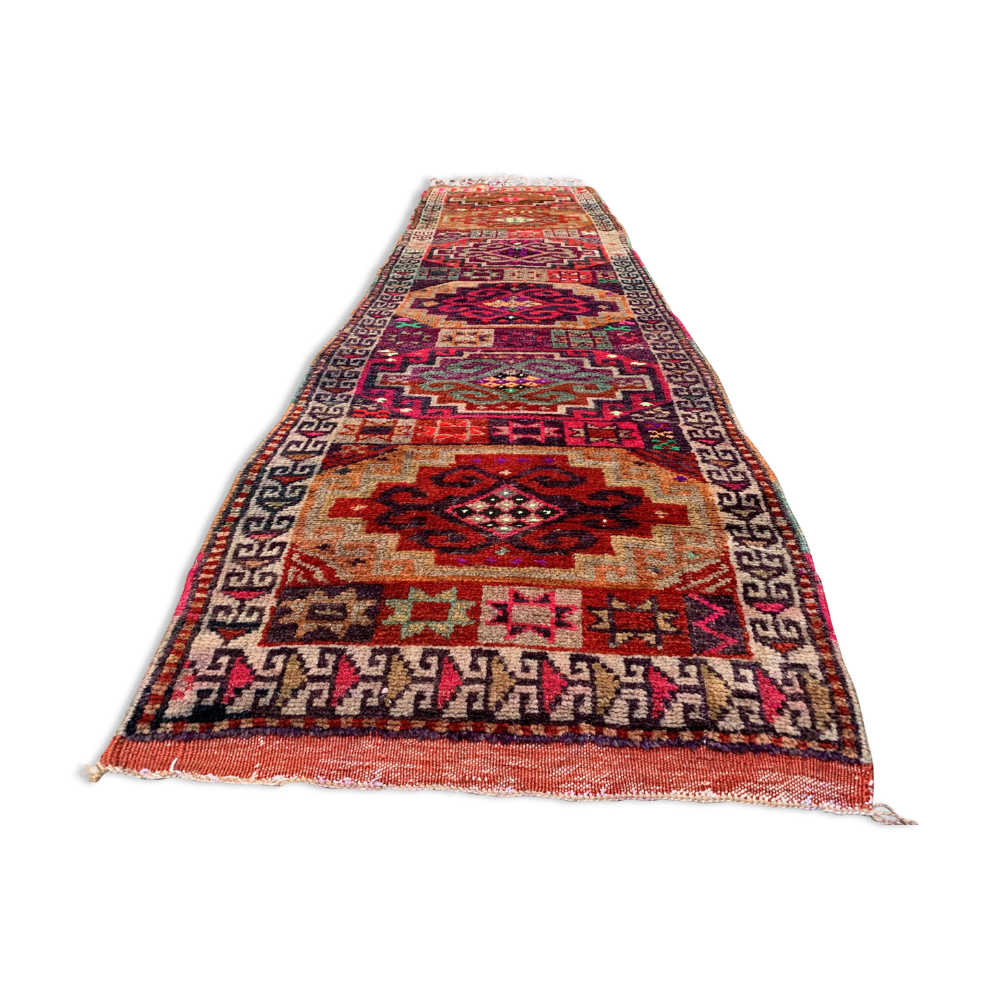 Vintage turkish tribal runner 305x83 cm veg dye wool rug tribal, handmade