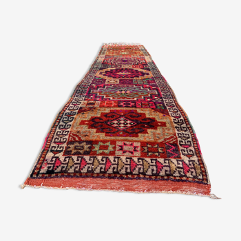 Vintage turkish tribal runner 305x83 cm veg dye wool rug tribal, handmade